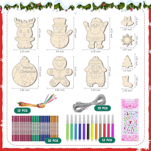 TREACLUB Christmas Wind Chime Kit for Kids, 12 Pack Merry Christmas Make Your Own Wooden Wind Chime DIY Coloring Xmas Snowman Santa Unfinished Wooden TREACLUB
