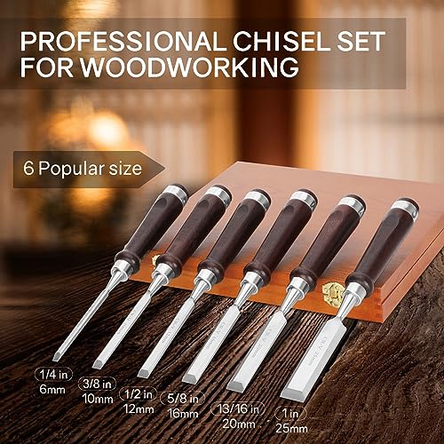 Wood Chisel Set (6 pcs),Carpentry Chisel with Wooden Storage Case,Sharpening Stone, Honing Guide & Protective Caps,Premium Set of Wood Chisel,Wood