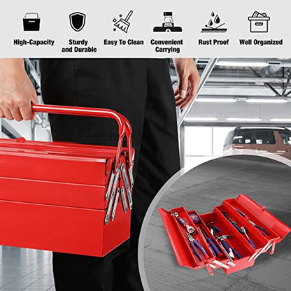 WORKPRO Metal Tool Box, 18-inch Cantilever Folding Red Storage Box, 3-Layer 5-Tray Multi-Function Tool Organizer, Red