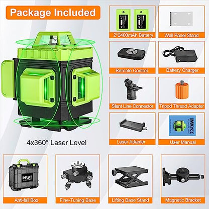 IMAYCC Laser Level, 4x360° Self Leveling Laser Level, 4D Cross Line Laser with Remote Control, Anti-fall Box, Multiple Stands, Rechargeable Batteries - WoodArtSupply