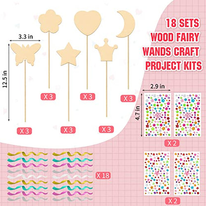 OPUHOHR 18 Sets Wood Fairy Wands Craft Project Kits, Princess Fairy Wands Kit with Gem Stickers, Ribbons Unfinished Wooden DIY Magical Wand, DIY - WoodArtSupply