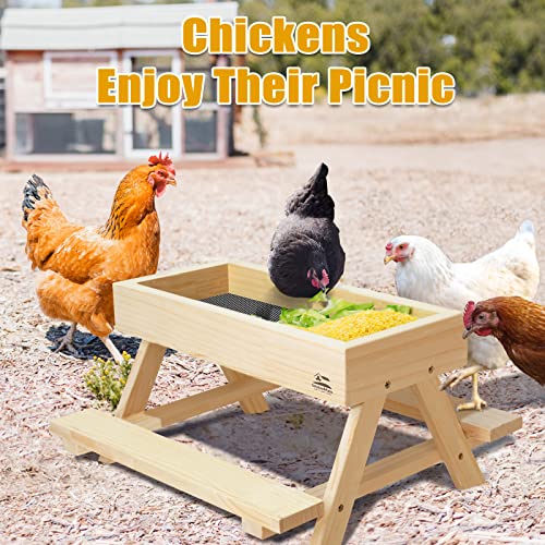 Solution4Patio Chickenic Table Handmade Wooden Picnic Table Chicken Feeder, Duck Feeder, Mesh Bottom, Easy to Clean and Fill, 15.7" W x 14.9" D x 8.6" H, Functional and Funny, Garden Gift, B807A00