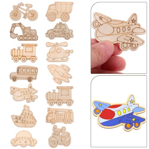 SEWACC 50pcs Truck Unfinished Wood Slices Unpainted Cutout DIY Blank Car Vehicle Bicycle Excavator Helicopter Wooden Ornaments Cutout to Paint (Mixed SEWACC