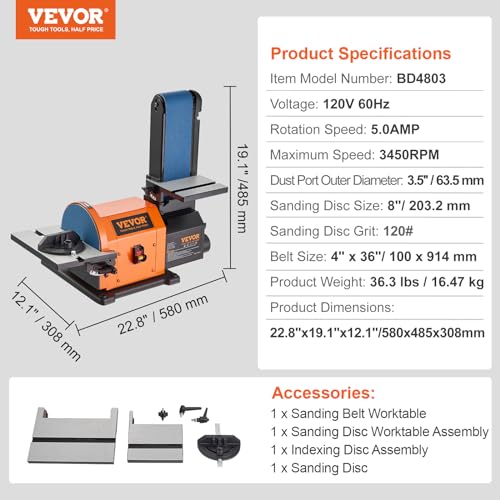 VEVOR Professional Belt Sander, 8" Disc Sander and 4 x 36 in. Belt Sander with 5A Induction Motor Cast Aluminum Worktable for Woodworking, VEVOR