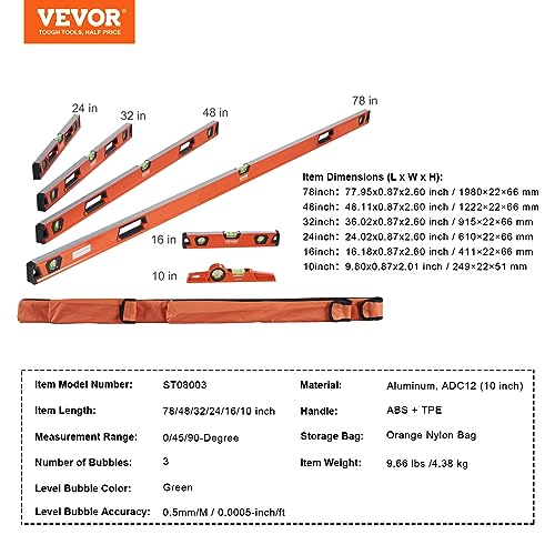 VEVOR Magnetic Torpedo Level, 78/48/32/24/16/10 in Mechanical Level Set, Bubble Vials Ruler for 45/90/180 Degree, Aluminum Alloy Leveler Tool - WoodArtSupply