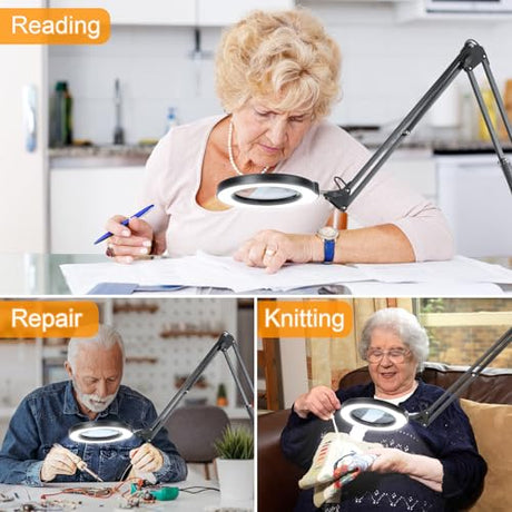 10X Large Magnifying Glass with Light and Stand, KRSTLV 2 x 16 Inch Adjustable Swivel Arm LED Desk Lamp with Clamp, 5 Color Modes Stepless Dimmable, Krstlv