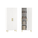 NOVAMAISON White Storage Cabinet 69” Tall - Storage Cabinet w/ 2 Doors and Adjustable Shelves, Freestanding Kitchen Pantry w/Gold Handles and Legs, NOVAMAISON