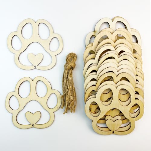 30pcs Heart Paw Shaped Wooden Cutouts Dog Cat Claws Cutouts Unfinished Wood Pet Paw Wood DIY Craft Embellishments Gift Ornaments Decoration, 3.9 x