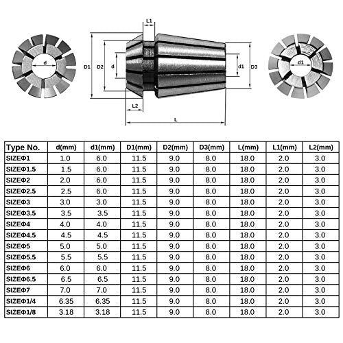 Genmitsu 15PCS ER11 Precision Spring Collet Set for CNC Engraving Milling Lathe Chuck Tool, 1.0mm-7.0mm & 1/4", 1/8" Genmitsu