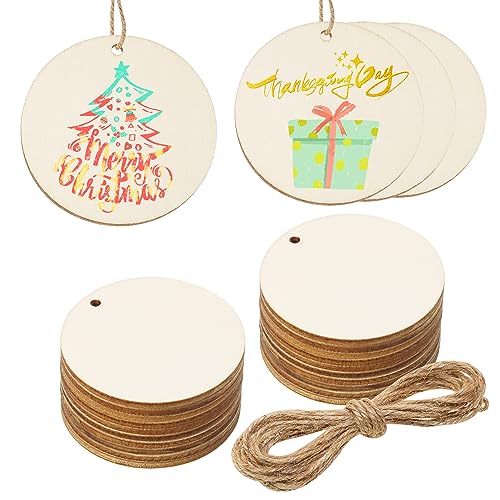 Christmas Gift Tags Penta Angel 24Pcs Blank Unfinished Wood Circle Slice Craft Hanging Labels Round Holiday Tree Ornaments with Twine for Gift