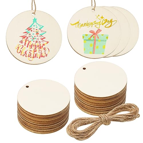 Christmas Gift Tags Penta Angel 24Pcs Blank Unfinished Wood Circle Slice Craft Hanging Labels Round Holiday Tree Ornaments with Twine for Gift - WoodArtSupply