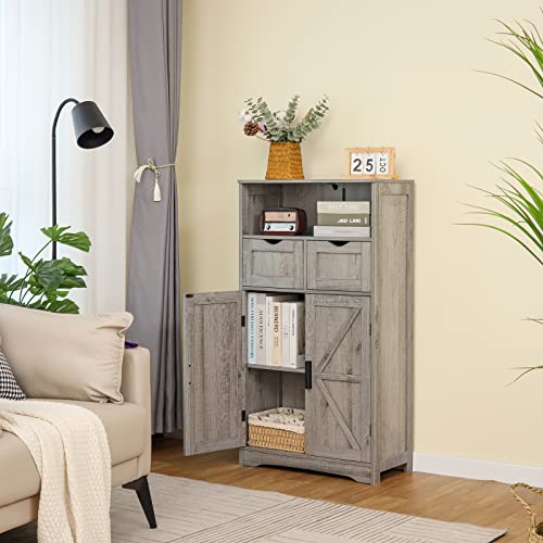 WEENFON Floor Storage Cabinet with 2 Adjustable Drawers & 2 Barn Doors, Standing Cupboard with 2 Shelf, for Living Room, Home Office, Kitchen, Grey - WoodArtSupply