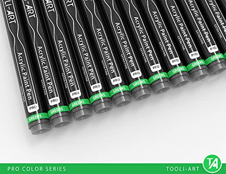 Acrylic Paint Pens 22 Green Tones Assorted Pro Color Series Markers Set 0.7mm Extra Fine Tip for Rock Painting, Glass, Mugs, Wood, Metal, Canvas, DIY TOOLI-ART