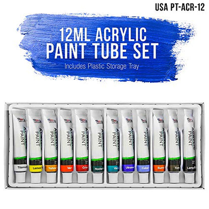 U.S. Art Supply Professional 12 Color Set of Acrylic Paint in 12ml Tubes - Rich Pigment Vivid Colors for Artists, Students, Beginners, Kids, Adults -