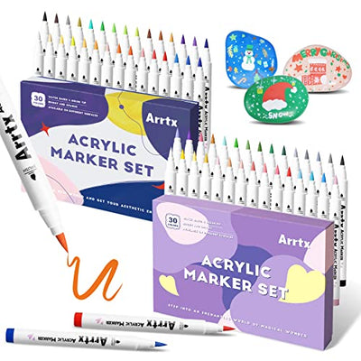 Bundle of Arrtx Acrylic Paint Pens for Rock Painting, 60 PCS Extra Brush Tip, Water Based Paint Markers for Stone, Glass, Easter Egg, Wood and Fabric