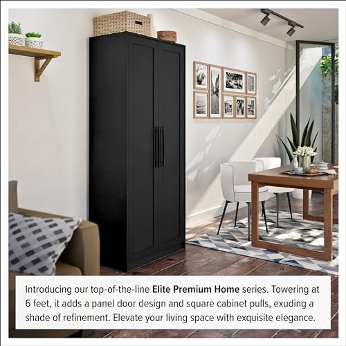 Prepac Elite Premium Home Doors, Storage, Bathroom, Pantry Cabinet with 5 Shelves, 16" D x 32" W x 72" H, Black