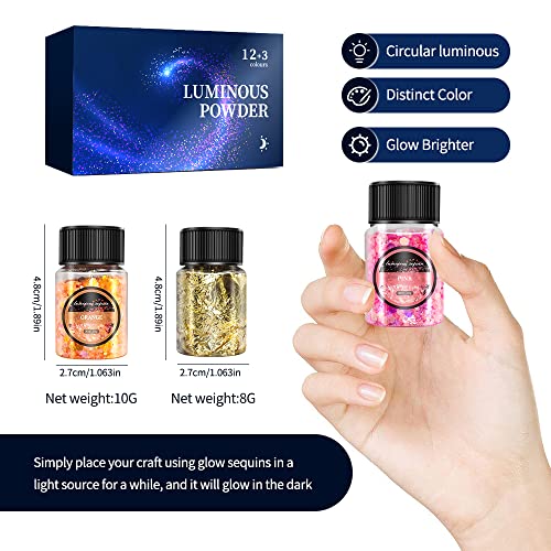 OSBANG Glow in The Dark Glitter 15 Jar - 12 Colors Glow Glitter and 3 Colors Gold Foil Flakes, High Luminous Glitter for Resin Crafts, Cosmetic, OSBANG