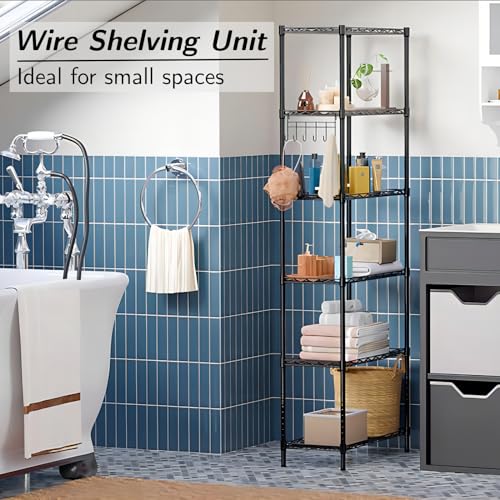 Homdox 6-Tier Storage Shelf Wire Shelving Unit Free Standing Rack Organization Adjustable Leveling Feet, Stainless Side Hooks, Black Homdox