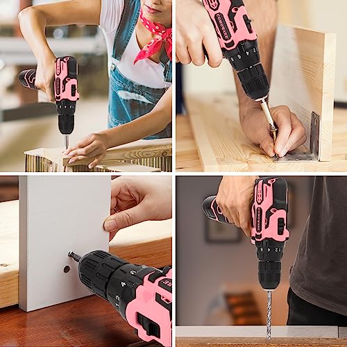 COMOWARE 12V Pink Cordless Drill Driver and Home Tool Kit, Pink Drill Set for Women, Lady's Home Repairing Tool Kit with Power Drill, Large-Capacity COMOWARE