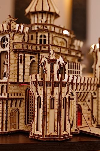 Moveable 3D Dragon Castle Wooden Puzzle with Red LED - Engaging DIY Experience for All Ages Wood Trick