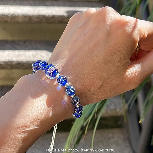 Artsy Crafts Glow in The Dark Beads Bracelet 6-7 inch, Sapphire Blue Firefly Beads Stretch Bracelet for Women, Luminous Murano Glass Beads Healing