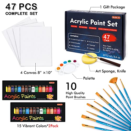 Shuttle Art 47 Pack Acrylic Paint Set, 15 Colors (12ml Each, 2Pack) Acrylic Paint with 10 Brushes Painting Canvas Knife Palette Sponge, Complete Gift Shuttle Art