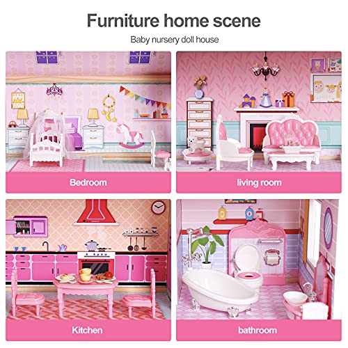 ROBOTIME Wooden Dollhouse, Doll Houses with 24 Pieces Furniture for 4, 5, 6-Inch Dolls, Dollhouse Gift for 3+ Year Old Girls (Pink) ROBOTIME