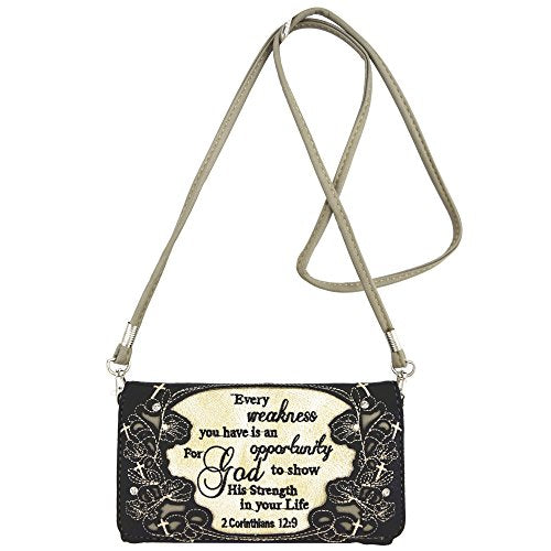 Embroidered Bible Verse 2 Corinthians 12:9 Purse Scripture Western Handbag Women Shoulder Bags Wallet Set (Black/Grey) - WoodArtSupply