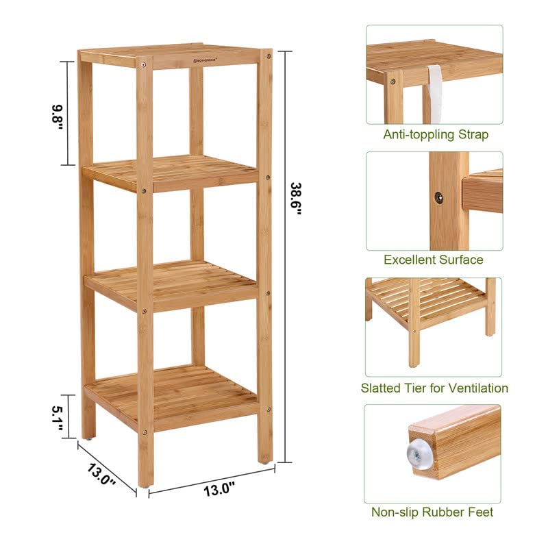 SONGMICS 4-Tier Bamboo Bathroom Shelf, Narrow Shelving Unit, Multifunctional Storage Rack, Corner Rack, for Kitchen, Living Room, Bedroom, Entryway,