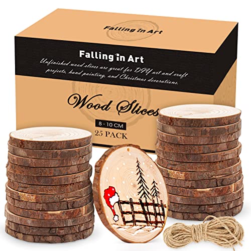 Falling in Art 3.1-4 Inches Natural Wood Slices Set for Crafts - 25Pcs Round Wood Discs with Pre-drilled Hole for DIY Projects, Christmas Ornaments Falling in Art