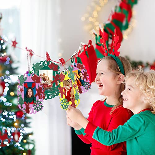 144 Pieces Unfinished Christmas Wooden Ornament Kits for Crafts, 24 Pieces Wooden Picture Frames Cutouts with Bells EVA Stickers, Wood Slices Photo Youyole