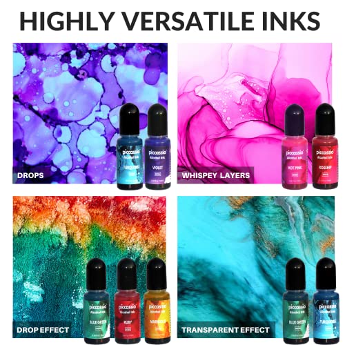 Alcohol Ink Set - New Improved Formula - 24 Highly Saturated Alcohol Inks - Fast-Drying and Permanent Inks - Versatile Alcohol Ink for Epoxy Resin, Piccassio