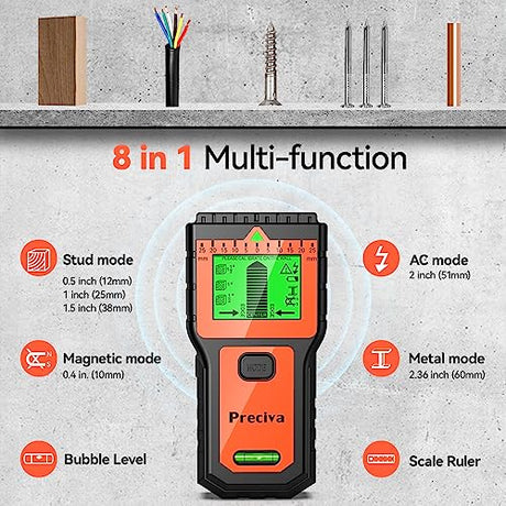 Stud Finder, Preciva Wall Scanner-8 in 1 Multifunctional Wall Detector with 6 Modes & 2 Functions for Studs, Wood, Metal, and AC Wires Detection (9V Preciva