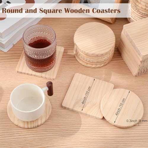Hushee 96 Pcs Unfinished Wood Coasters 4 Inch Blank Wooden Coasters for Crafts with Non Slip Foam Pad Stickers Wooden Craft Coasters for DIY Stained Hushee