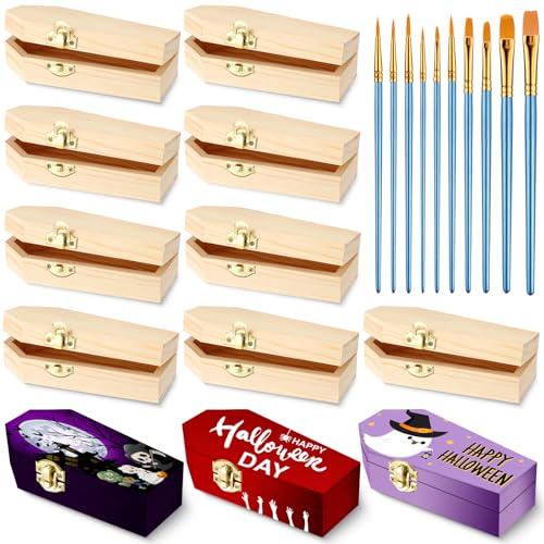 Sintuff 12 Pieces Unfinished Halloween Coffin Boxes with 10 Art Brushes 6 Inch Unfinished Wood Funeral Treasure Chest with Locking Clasp for Sintuff