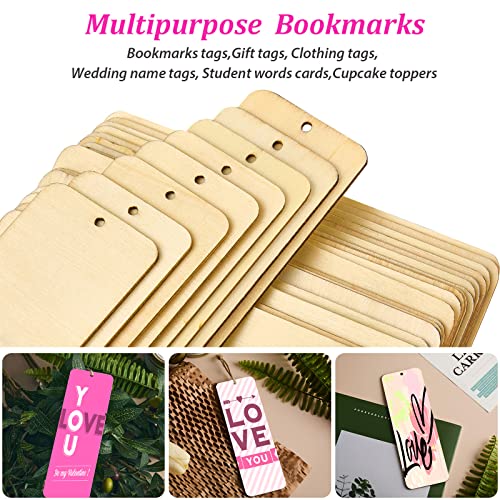 Wood Bookmark Bulk Blank Bookmarks with Ropes Wooden Book Markers Rectangle  Thin Hanging Tag with Holes for DIY 