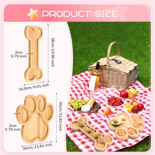 2 Pack Bamboo Serving Trays with Grooves Wooden Dog Paw Bone Shaped Snack Platters Bamboo Charcuterie Board Wood Candy Dish Bowl for Dog Birthday