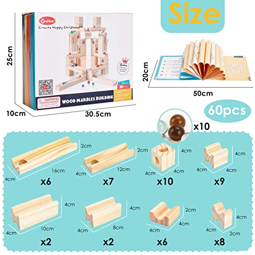Wooden Marble Run for Kids Ages 4-8, 60 Pieces Wood Building Blocks Toys and Construction Play Set, Marble Track Maze Game STEM Learning Toys Gifts Onshine