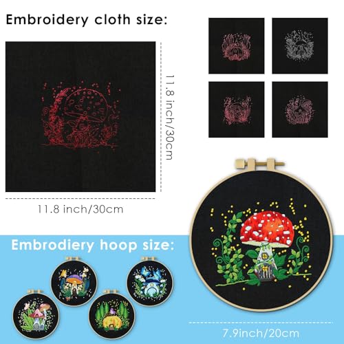 ERKOON 5 Sets Embroidery Kit for Beginners, Art Craft Handy Sewing Set Mushroom Cross Stitch Starter Kits, DIY Embroidery Kits with Patterns and ERKOON
