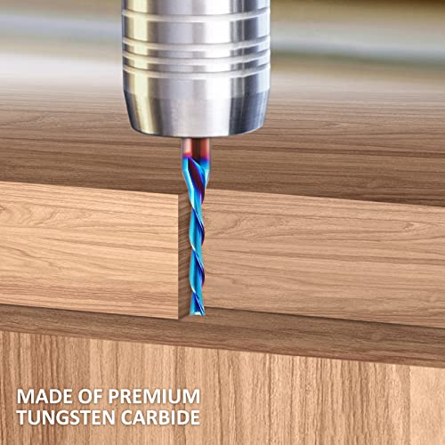 HQMaster Spiral Router Bits Down Cut 1/4 inch Shank Solid Carbide Nano Blue Coated Spiral Downcut CNC Bits End Mill for Wood Cut Carving Engraver