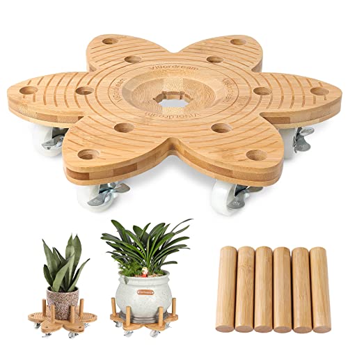 Vigordream Plant Caddy with Wheels 14" Heavy Duty Plant Rollers for Flower Pot, Bamboo Planter Dolly Holder Lockable Casters for Indoor Outdoor Vigordream