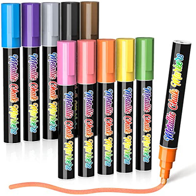 Liquid Chalk Markers for Chalkboard: 10 Metallic Colors Erasable Chalk Pens, Window Markers for Glass Washable, Chalk Board Marker for Blackboard,