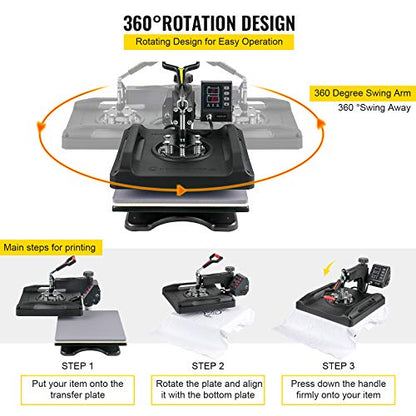 VEVOR Heat Press Machine, 15x15in 8in1 Heat Press, 800W Sublimation Machine, 360° Rotation Swing-Away Heat Press, Dual-Tube Heating Printing for DIY - WoodArtSupply