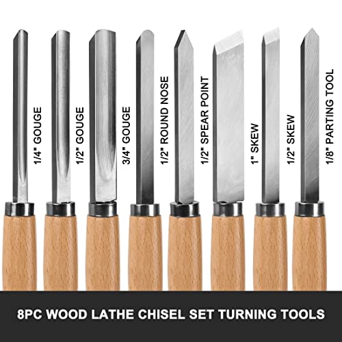 HAUTMEC Professional Wood Turning Chisel 8 pcs Set, Lathe Chisel Set with 2 Skew 1 Spear Point 1 Parting 1 Round Nose & 3 Gouge Tools for Beginners, HAUTMEC