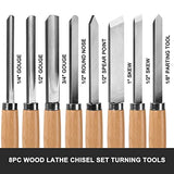 HAUTMEC Professional Wood Turning Chisel 8 pcs Set, Lathe Chisel Set with 2 Skew 1 Spear Point 1 Parting 1 Round Nose & 3 Gouge Tools for Beginners, HAUTMEC