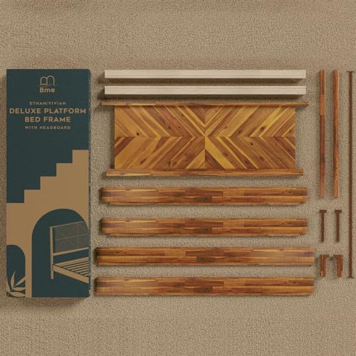 Bme Vivian 14 Inch Rustic Golden Brown Deluxe Bed Frame with Herringbone Headboard Bme