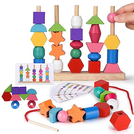 Montessori Bead Sequencing Toy Set, Wooden Stacking Blocks & Lacing Beads & Matching Shape Colors Stacker, Montessori Toys for 2 3 4 5 Year Old, SAMMAS