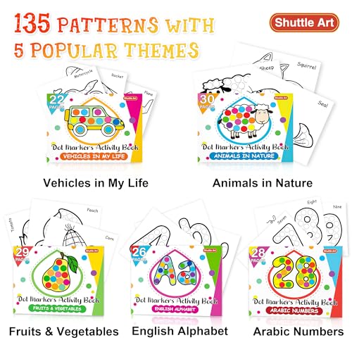 Shuttle Art Dot Markers, 14 Colors Bingo Daubers with 135 Patterns, 5 Activity Books, Educational Set with Art Activities,Non-Toxic Washable Coloring - WoodArtSupply