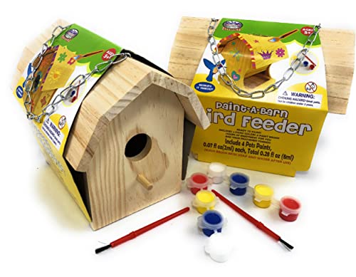Matty's Toy Stop Paint-A-Barn Wooden Birdhouse & Bird Feeder (Includes Paints & Brushes) Gift Set Bundle - 2 Pack Matty's Toy Stop