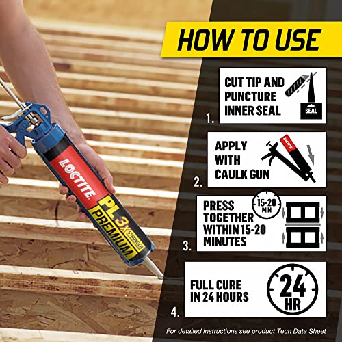 Loctite PL Premium Polyurethane Construction Adhesive, Versatile Construction Glue for Wood, Concrete, Metal & More - 10 fl oz Cartridge, Pack of 1 Loctite